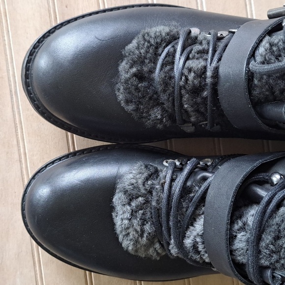 H by Hudson Adda Black Leather Shearling Lined Lace-Up Ankle Boots Trim Cozy - Picture 6 of 14